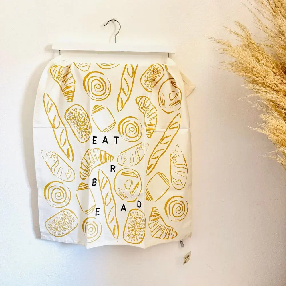 NEW ANTHROPOLOGIE White Tan Black Eat Bread $38 Pastry Kitchen Tea Towel Decor